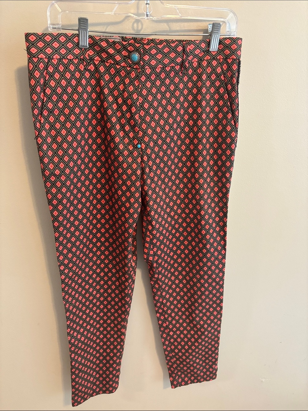 White Sand 88 Pants Italy Geometric Diamond Print Beaded Crop Ankle Womens IT 44